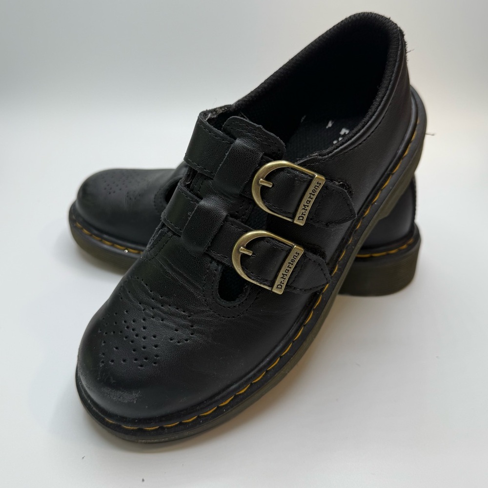 Kids Dr. Martens Black Leather Double Buckle Shoes